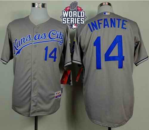 Royals #14 Omar Infante Grey Cool Base W/2015 World Series Patch Stitched MLB Jersey