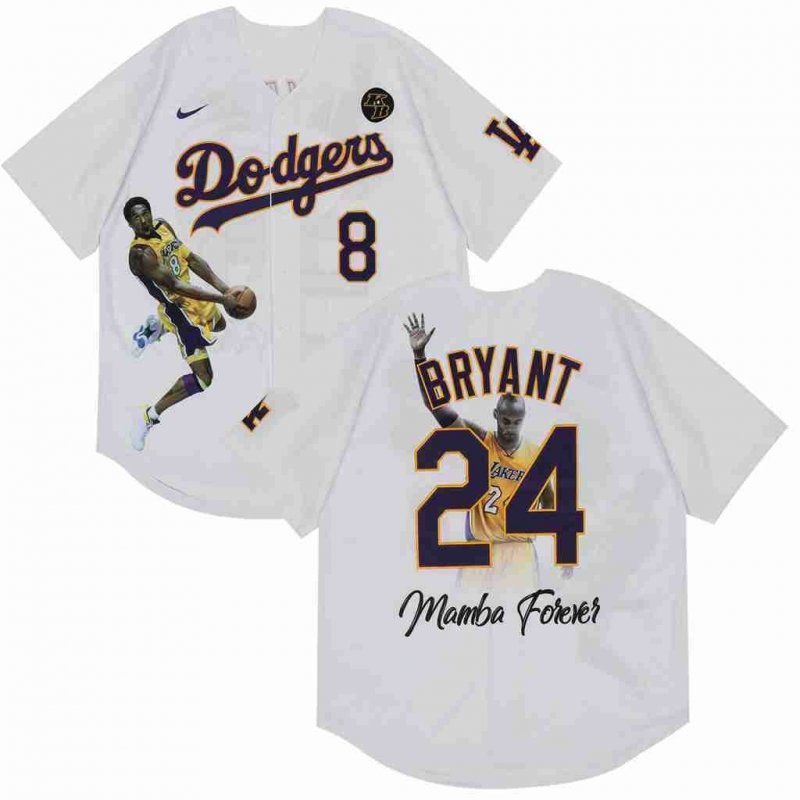 Men's Los Angeles Dodgers Front #8 Back #24 Kobe Bryant White With KB Patch Cool Base Stitched Jersey