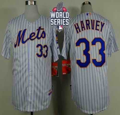 Mets #33 Matt Harvey White(Blue Strip) Home Cool Base W/2015 World Series Patch Stitched MLB Jersey