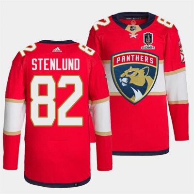 Men's Florida Panthers #82 Kevin Stenlund Red Home 2024 Stanley Cup Champions Stitched Jersey