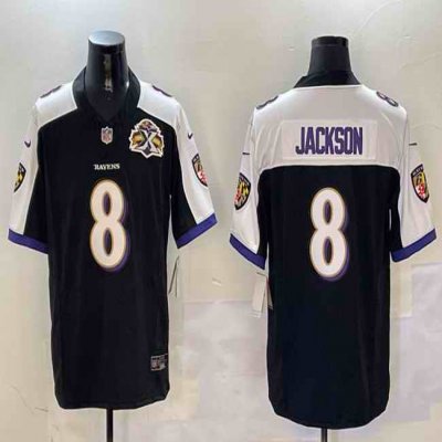 Men's Baltimore Ravens #8 Lamar Jackson Black/White 2023 F.U.S.E With Patch Throwback Vapor Limited Jersey