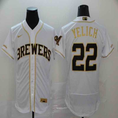 Men's Milwaukee Brewers #22 Christian Yelich Blank 2020 White Golden Flex Base Stitched MLB Jersey