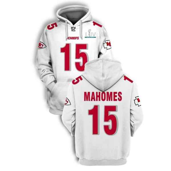 Men's Kansas City Chiefs #15 Patrick Mahomes White 2021 Super Bowl LIV Pullover Hoodie