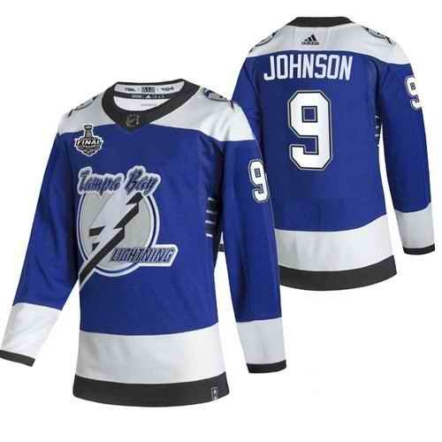 Men's Tampa Bay Lightning #9 Tyler Johnson 2021 Blue Stanley Cup Final Bound Reverse Retro Stitched Jersey