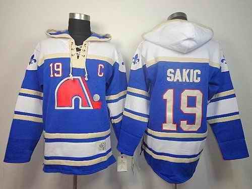 Nordiques #19 Joe Sakic Light Blue Sawyer Hooded Sweatshirt Stitched NHL Jersey