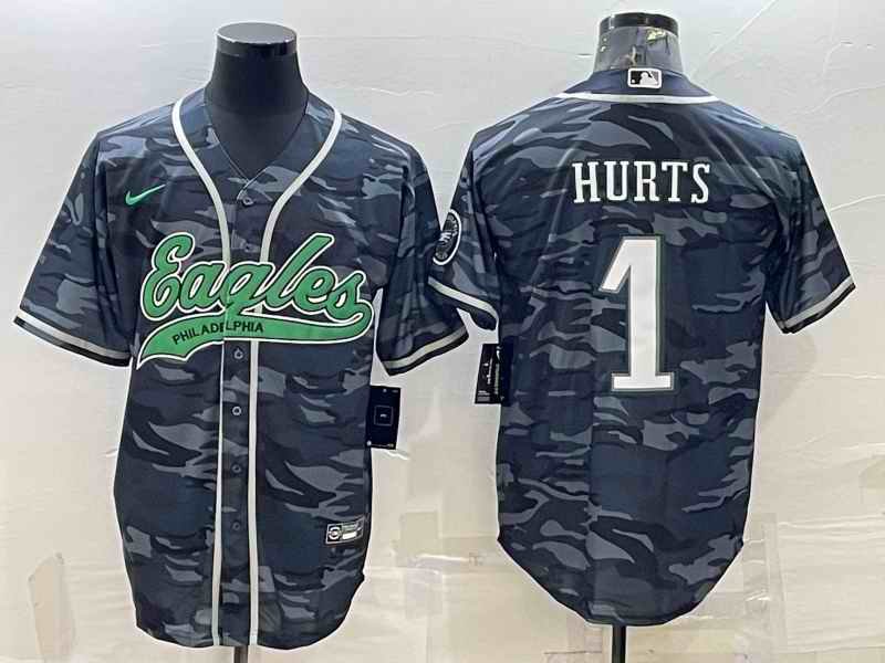 Men's Philadelphia Eagles #1 Jalen Hurts Grey Camo With Patch Cool Base Stitched Baseball Jersey