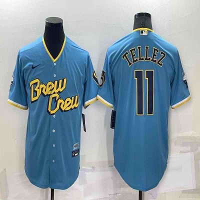 Men's Milwaukee Brewers #11 Rowdy Tellez 2022 Powder Blue City Connect Cool Base Stitched Jersey