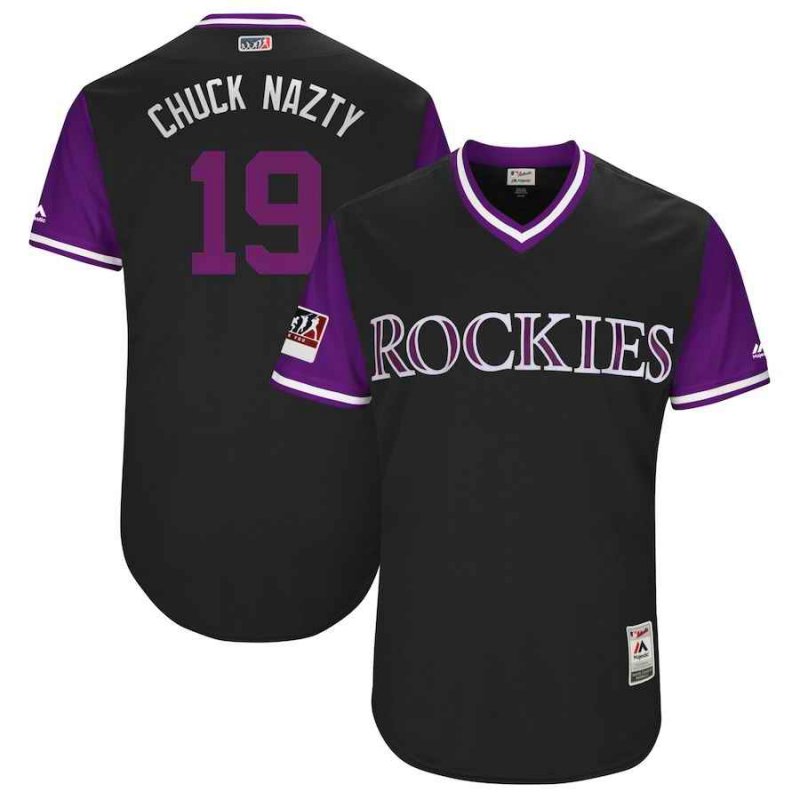 Men's Colorado Rockies #19 Charlie Blackmon Chuck Nazty Majestic Black/Purple 2018 Players' Weekend Stitched MLB Jersey