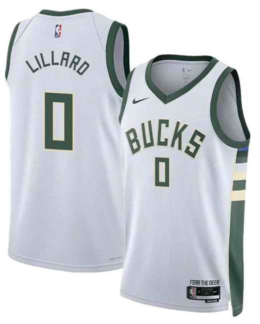 Men's Milwaukee Bucks #0 Damian Lillard White Stitched Basketball Jersey