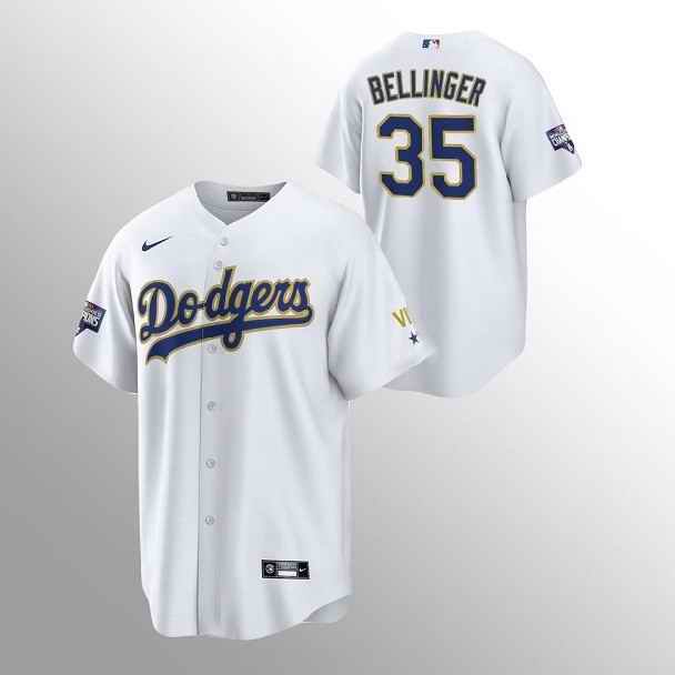 Men's Los Angeles Dodgers #35 Cody Bellinger White Gold Championship Cool Base Stitched Jersey