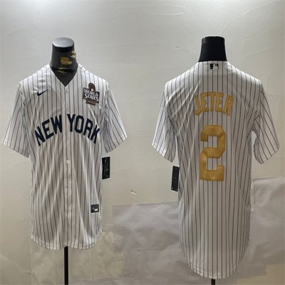 Men's New York Yankees #2 Derek Jeter White/Gold 2024 World Series Cool Base Stitched Baseball Jersey