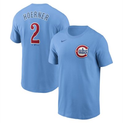 Men's Chicago Cubs #2 Nico Hoerner Baby Blue Fuse Name & Number T-Shirt