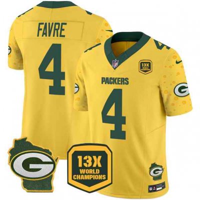 Men's Green Bay Packers #4 Brett Favre Cheese Gold 2024 F.U.S.E. 13 Time World Champions And Home Patch Vapor Untouchable Limited Stitched Football Jersey