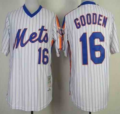 Mitchell and Ness Mets #16 Dwight Gooden Stitched White Blue Strip Throwback MLB Jersey