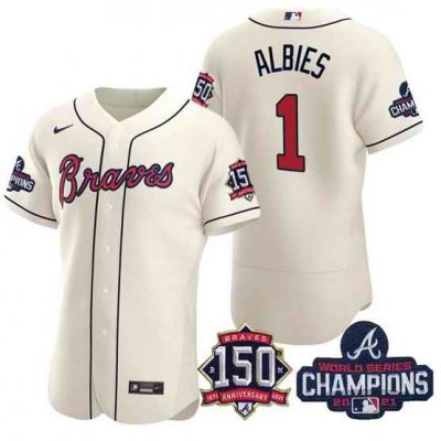 Men's Atlanta Braves #1 Ozzie Albies 2021 Cream World Series Champions With 150th Anniversary Flex Base Stitched Jersey