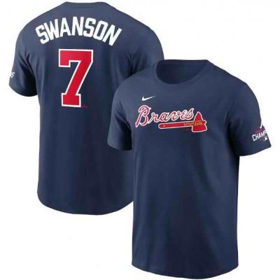 Men's Atlanta Braves #7 Dansby Swanson 2021 Navy World Series Champions Player Name & Number T-Shirt