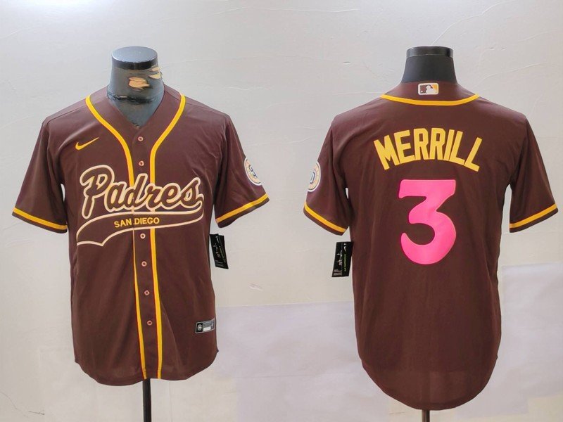 Men's San Diego Padres #3 Jackson Merrill Brown Cool Base Stitched Baseball Jersey