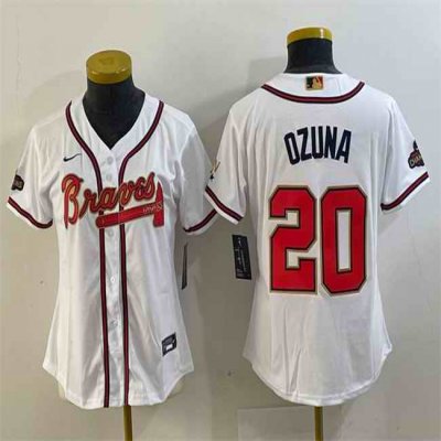 Women's Atlanta Braves #20 Marcell Ozuna White/Gold World Series Champions Program Stitched Jersey(Run Small)