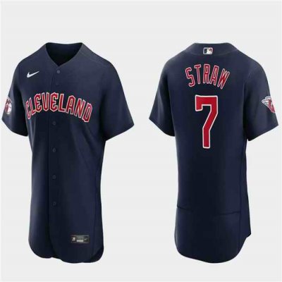 Men's Cleveland Guardians #7 Myles Straw Navy Flex Base Stitched Jersey