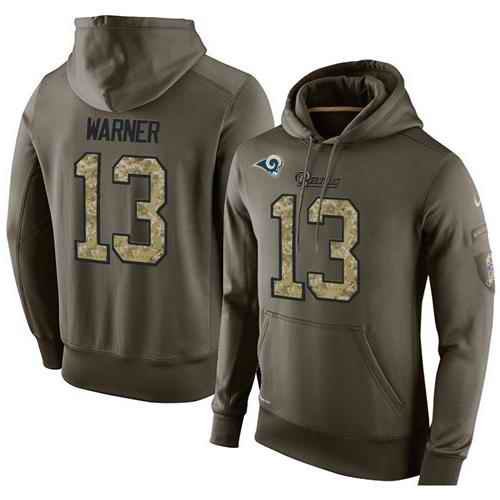 NFL Men's Nike Los Angeles Rams #13 Kurt Warner Stitched Green Olive Salute To Service KO Performance Hoodie