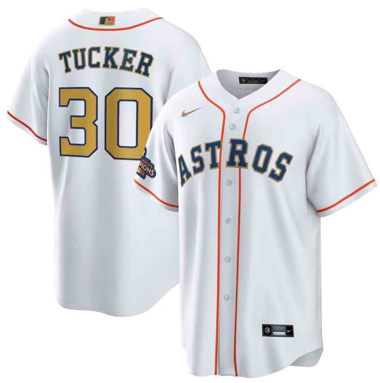 Youth Houston Astros #30 Kyle Tucker White 2023 Gold Collection With World Serise Champions Patch Stitched Baseball Jersey