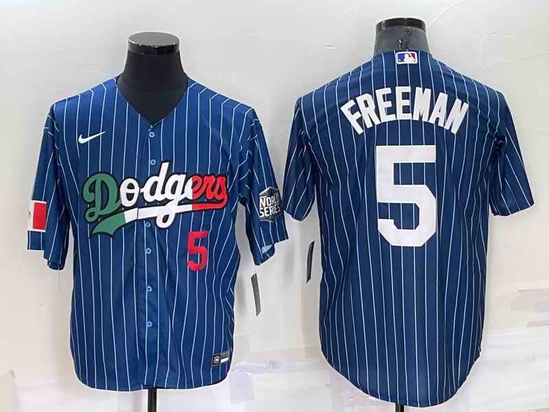 Men's Los Angeles Dodgers #5 Freddie Freeman Navy Mexico World Series Cool Base Stitched Baseball Jersey