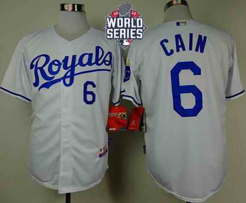 Royals #6 Lorenzo Cain White Cool Base W/2015 World Series Patch Stitched MLB Jersey