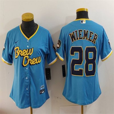 Women's Milwaukee Brewers #28 Joey Wiemer Powder Blue City Connect Cool Base Stitched Jersey(Run Small)