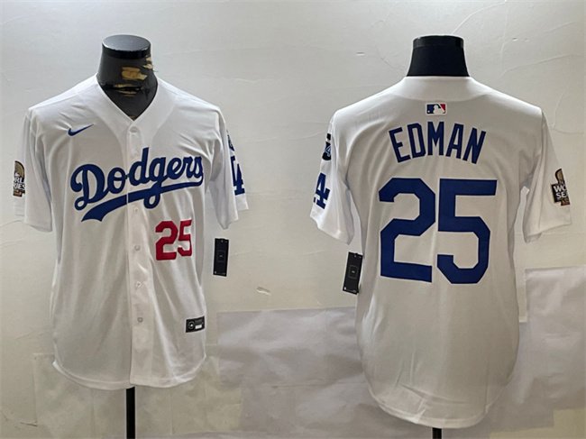 Men's Los Angeles Dodgers #25 Tommy Edman White 2024 World Series With Fernando Memorial Patch Home Limited Stitched Baseball Jersey