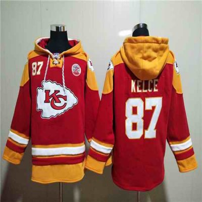 Men's Kansas City Chiefs #87 Travis Kelce Red Lace-Up Pullover Hoodie