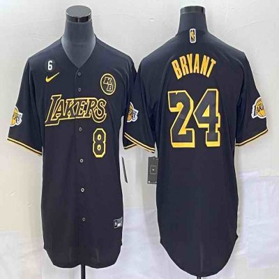 Men's Los Angeles Lakers Front #8 Back #24 Kobe Bryant With NO.6 And KB Patch Black  Cool Base Stitched Baseball Jersey