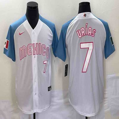 Men's Mexico Baseball #7 Julio Ur'as 2023 White Blue World Baseball Classic Stitched Jersey