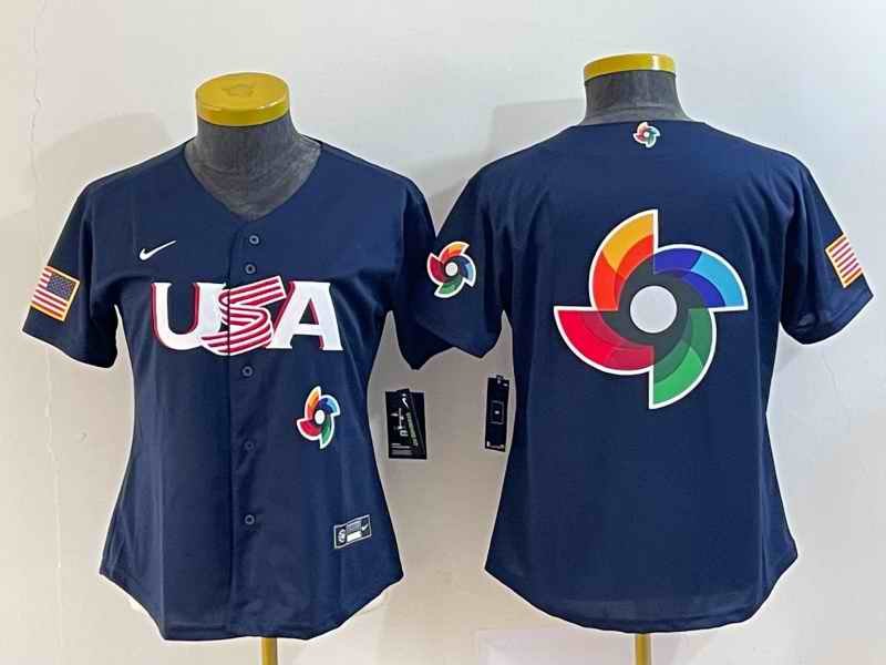 Women's USA Baseball 2023 Navy Big Logo With Patch World Baseball Classic Stitched Jersey(Run Small)