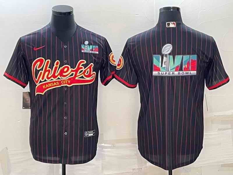 Men's Kansas City Chiefs Black With Super Bowl LVII Big Logo Cool Base Stitched Baseball Jersey