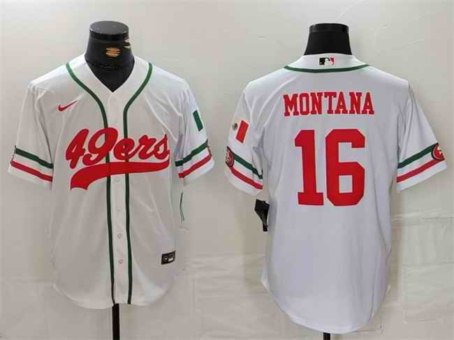 Men's San Francisco 49ers #16 Joe Montana White With Patch Cool Base Stitched Baseball Jersey