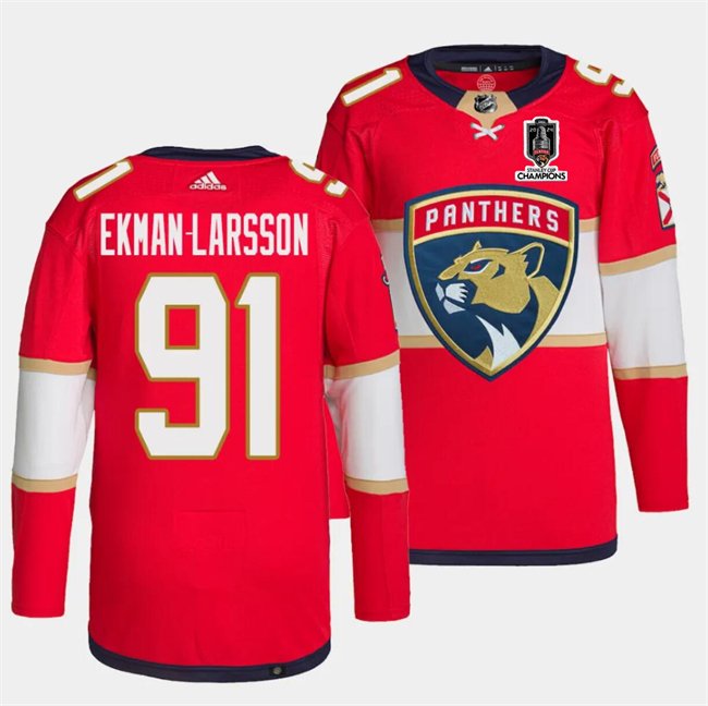 Men's Florida Panthers #91 Oliver Ekman-Larsson Red Home 2024 Stanley Cup Champions Stitched Jersey