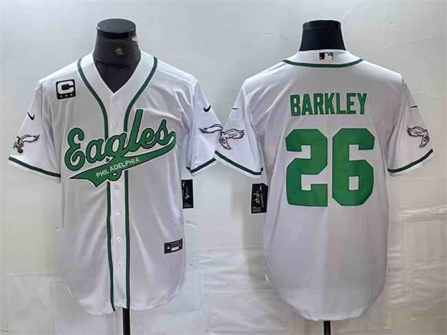 Men's Philadelphia Eagles #26 Saquon Barkley White With 3-star C Patch Cool Base Stitched Baseball Jersey