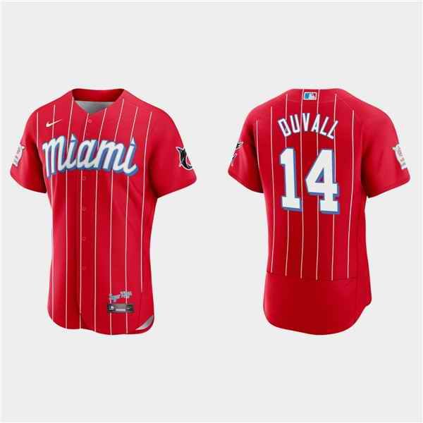 Men's Miami Marlins #14 Adam Duvall Red 2021 City Connect Flex Base Stitched Jersey