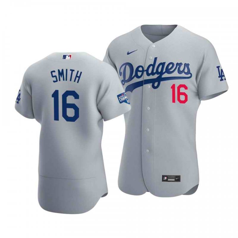 Men's Los Angeles Dodgers #16 Will Smith 2020 Grey World Series Champions Patch Flex Base Sttiched Jersey