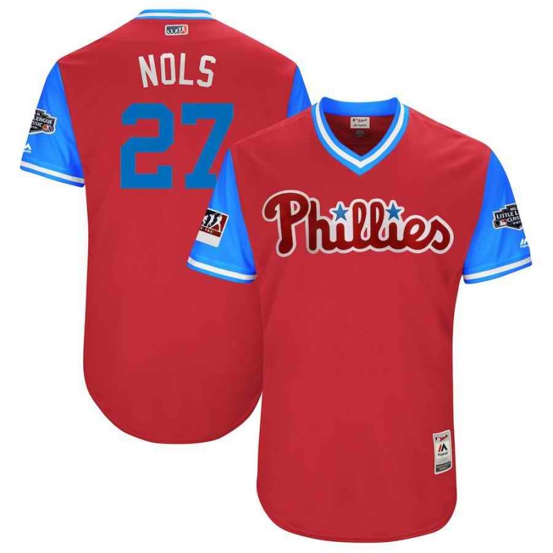 Men's Philadelphia Phillies #27 Aaron Nola Nols Majestic Scarlet/Light Blue 2018 MLB Little League Classic Stitched MLB Jersey