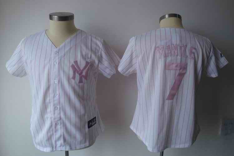 Yankees #7 Mickey Mantle White With Pink Strip Women's Fashion Stitched MLB Jersey