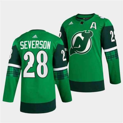 Men's New Jersey Devils #28 Damon Severson Green Warm-Up St Patricks Day Stitched Jersey