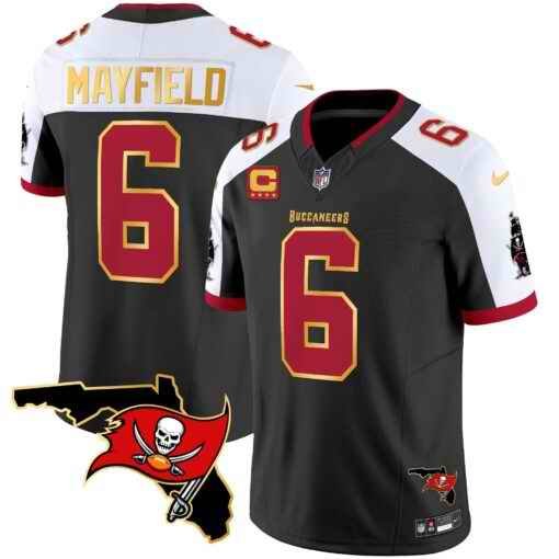 Men's Tampa Bay Buccaneers #6 Baker Mayfield Black/White F.U.S.E. With 4-star C Ptach And Florida Patch Gold Trim Vapor Stitched Jersey