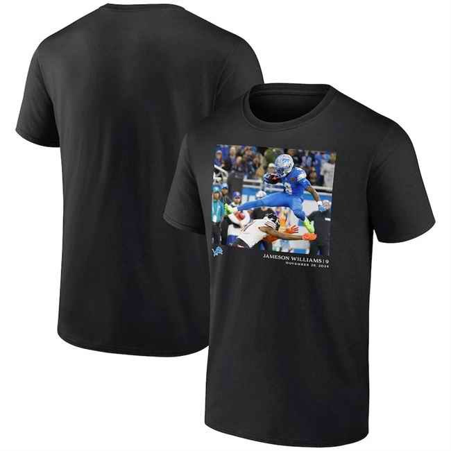 Men's Detroit Lions Jameson Williams Black Flash Features Week 13 T-Shirt