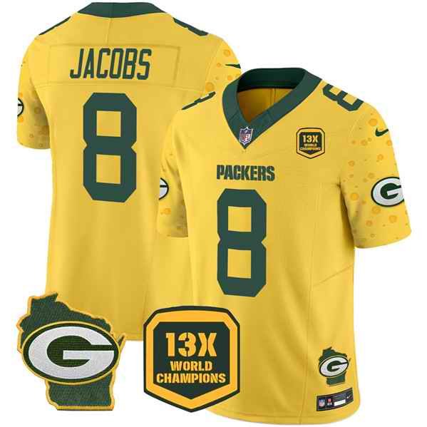 Men's Green Bay Packers #8 Josh Jacobs Cheese Gold 2024 F.U.S.E. 13 Time World Champions And Home Patch Vapor Untouchable Limited Stitched Football Jersey