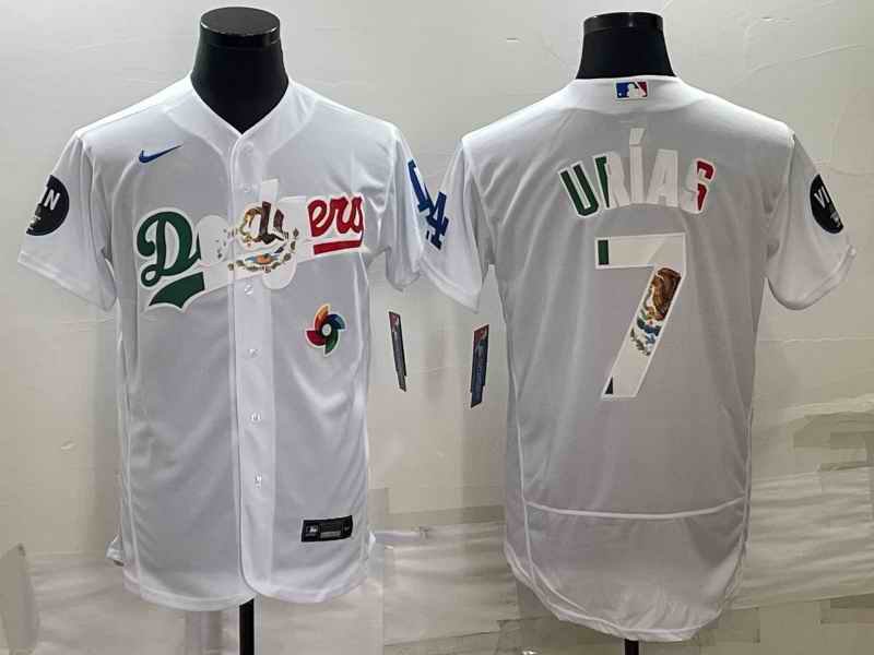 Men's Los Angeles Dodgers #7 Julio Ur'as White With Vin Scully Patch Flex Base Stitched Baseball Jersey