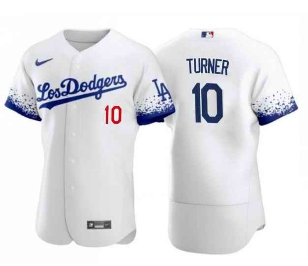 Men's Los Angeles Dodgers #10 Justin Turner 2021 White City Connect Flex Base Stitched Baseball Jersey