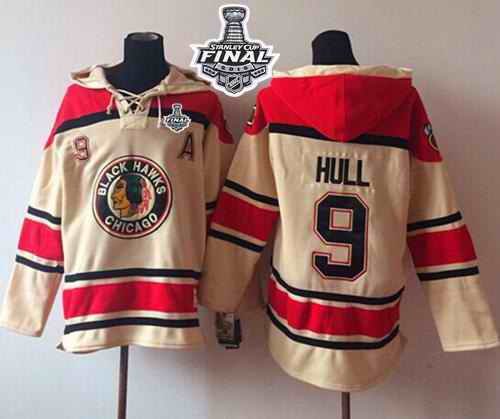 Blackhawks #9 Bobby Hull Cream Sawyer Hooded Sweatshirt 2015 Stanley Cup Stitched NHL Jersey