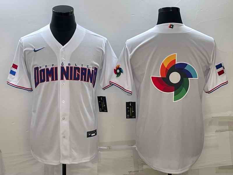 Men's Dominican Republic Baseball 2023 White World Baseball Big Logo With Patch Classic Stitched Jersey