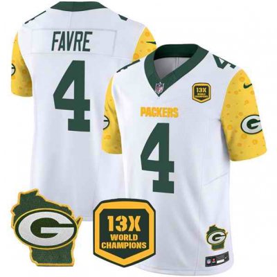 Men's Green Bay Packers #4 Brett Favre Cheese White 2024 F.U.S.E. 13 Time World Champions And Home Patch Vapor Untouchable Limited Stitched Football Jersey